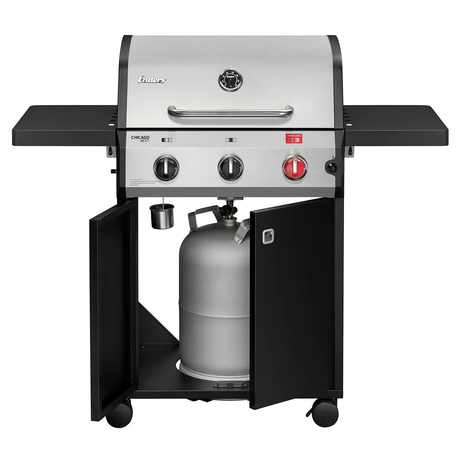 Enders Gasgrill Chicago Next 3 mit 3 Brennern, Turbo Zone, Edelstahlhaube und Unterschrank für Gasflasche.