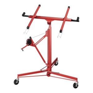 Roter Wiltec XXL Plattenheber für Trockenbau und Rigips. Montagehilfe mit Kurbel, Rollen und ausziehbaren Armen.