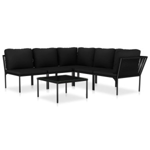 Schwarzes 6-tlg. vidaXL Garten-Lounge-Set mit Auflagen und Tisch für 5 Personen.