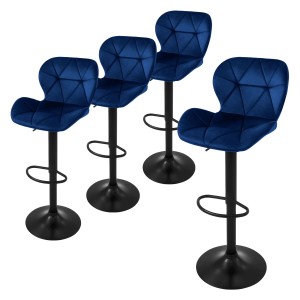 4er Set blaue ML-Design Barhocker aus Samt mit Fußstütze und schwarzem Metallgestell.