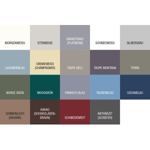 Farbmusterkarte Bondex Dauerschutz-Farbe mit verschiedenen Farbtönen wie Schneeweiß.