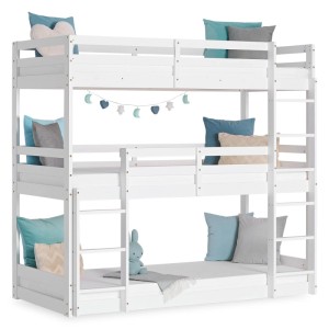 Weißes Homestyle4u Etagenbett aus Kiefernholz, 90x200 cm, mit 3 Liegeflächen und praktischem Bettkasten.