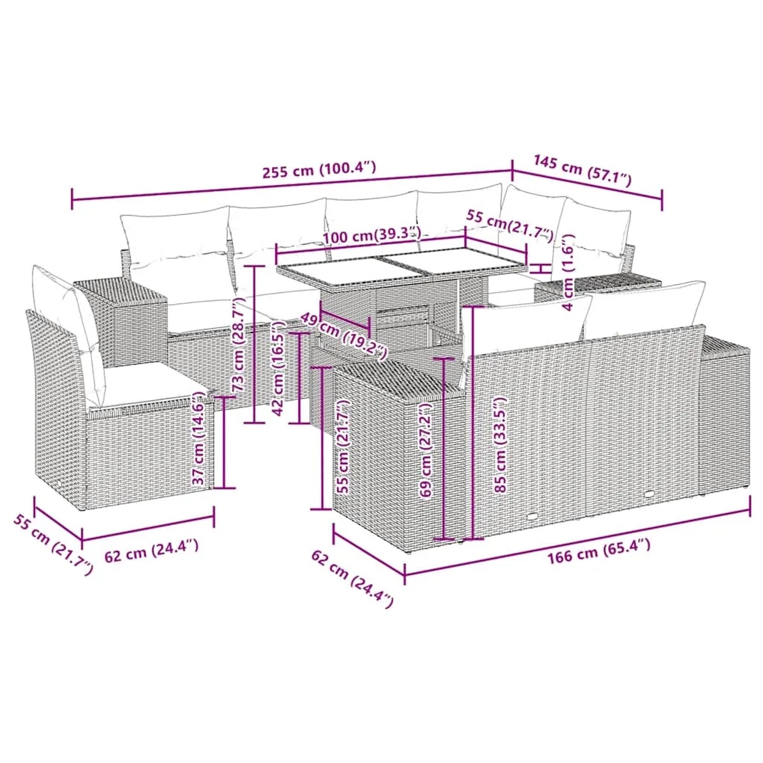 vidaXL 9-tlg. Garten-Sofagarnitur mit Kissen, schwarzes Poly Rattan, Maße