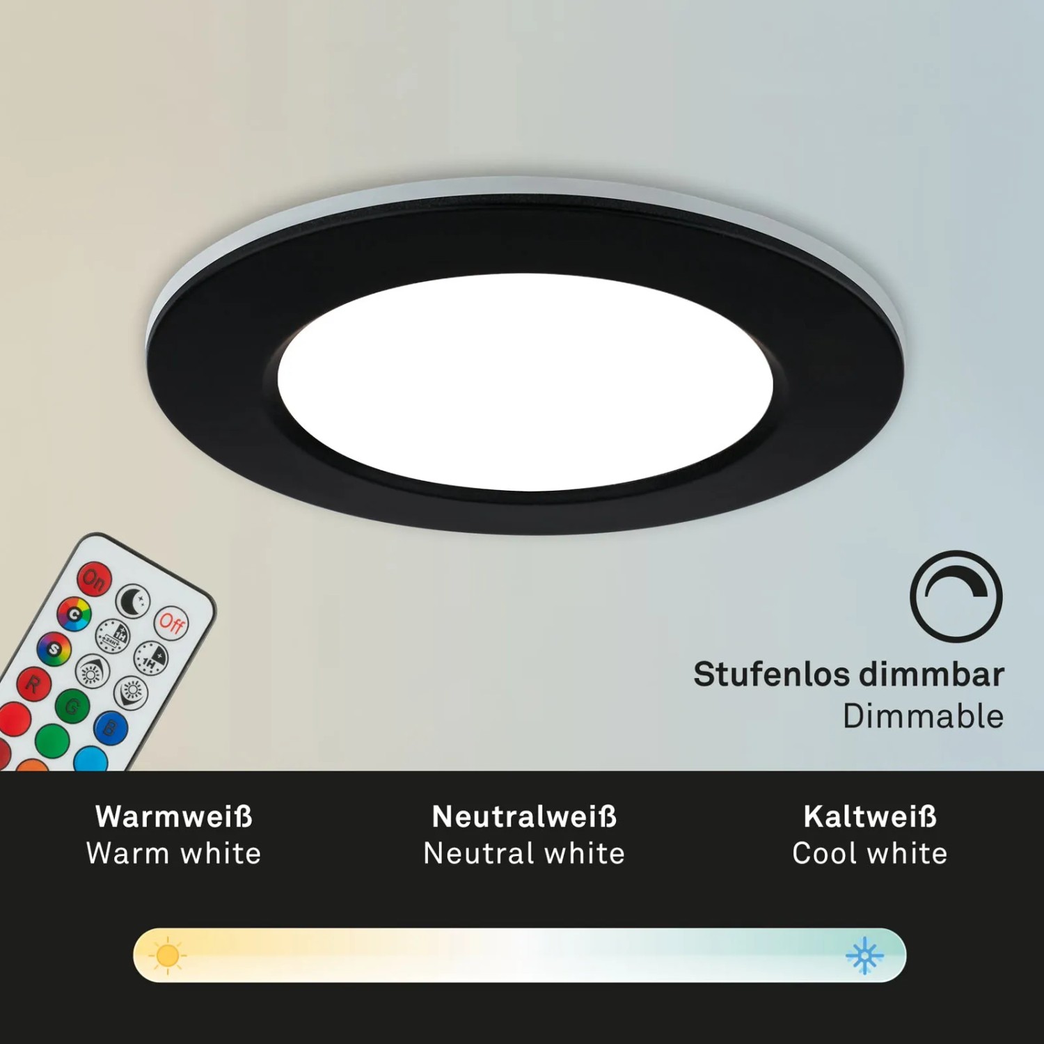 Dimmbarer LED Einbaustrahler (3er Set) von Briloner, RGB und CCT, schwarz, mit Fernbedienung.
