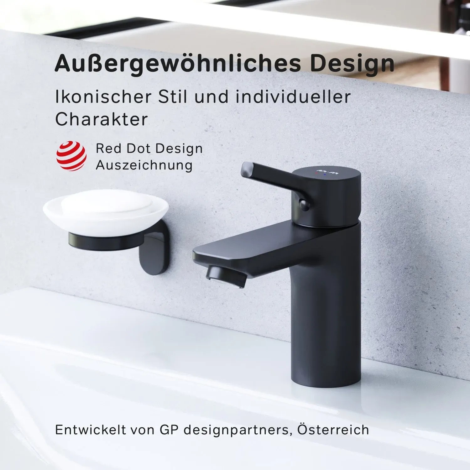 Mattschwarze AM.PM Waschtischarmatur X-Joy S mit Klick-Ablauf und Seifenschale.