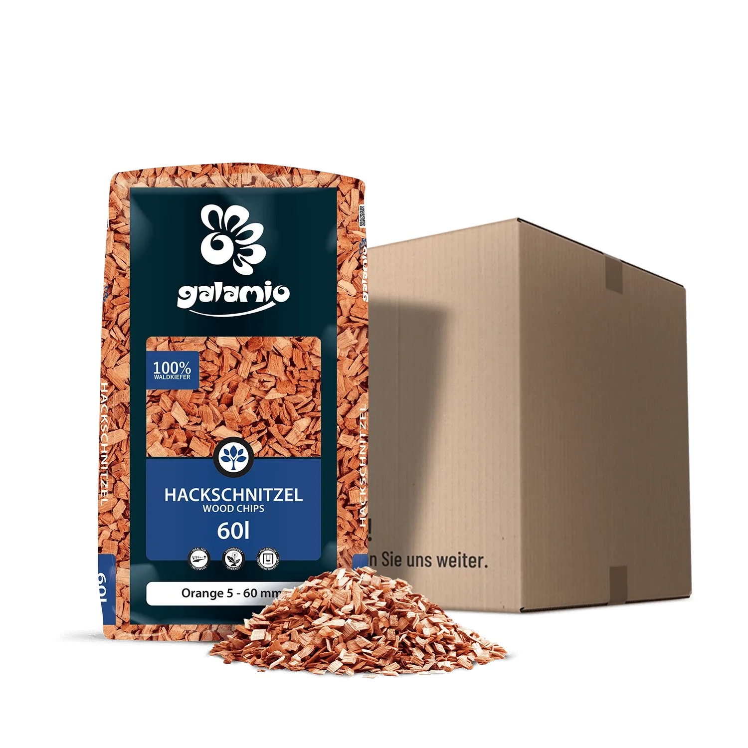 Galamio Holzhackschnitzel Orange 60l im Beutel mit Haufen Mulch. Ideal für Garten, Beet und Wege.