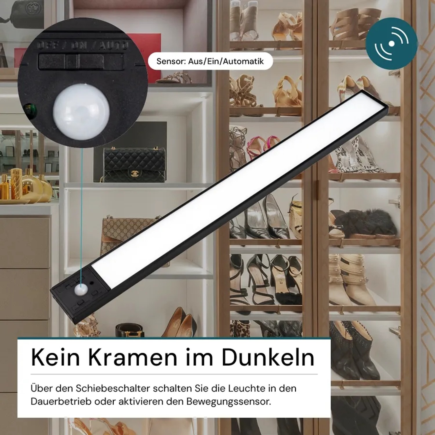 Schwarze LUXULA LED Unterbauleuchte mit Bewegungsmelder im Schrank.