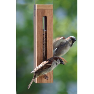 Dobar Futterspender aus Eichenholz mit Spatzen. Vogelfutter im Spender sichtbar.