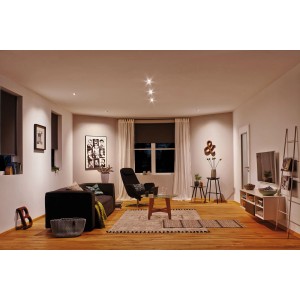 Wohnzimmer mit Paulmann LED Einbauleuchten Base, 3er Set, Eisen gebürstet, warmweißes Licht.