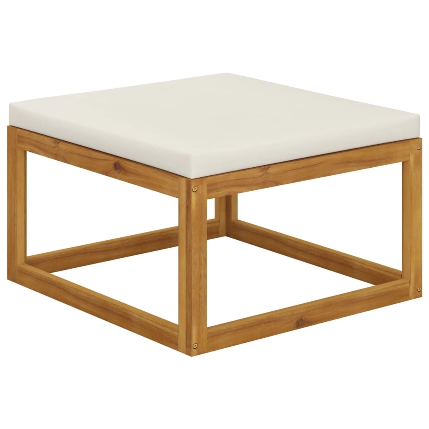 Fußhocker aus Akazienholz mit creme-weißem Kissen, Teil des vidaXL Garten-Lounge-Sets.