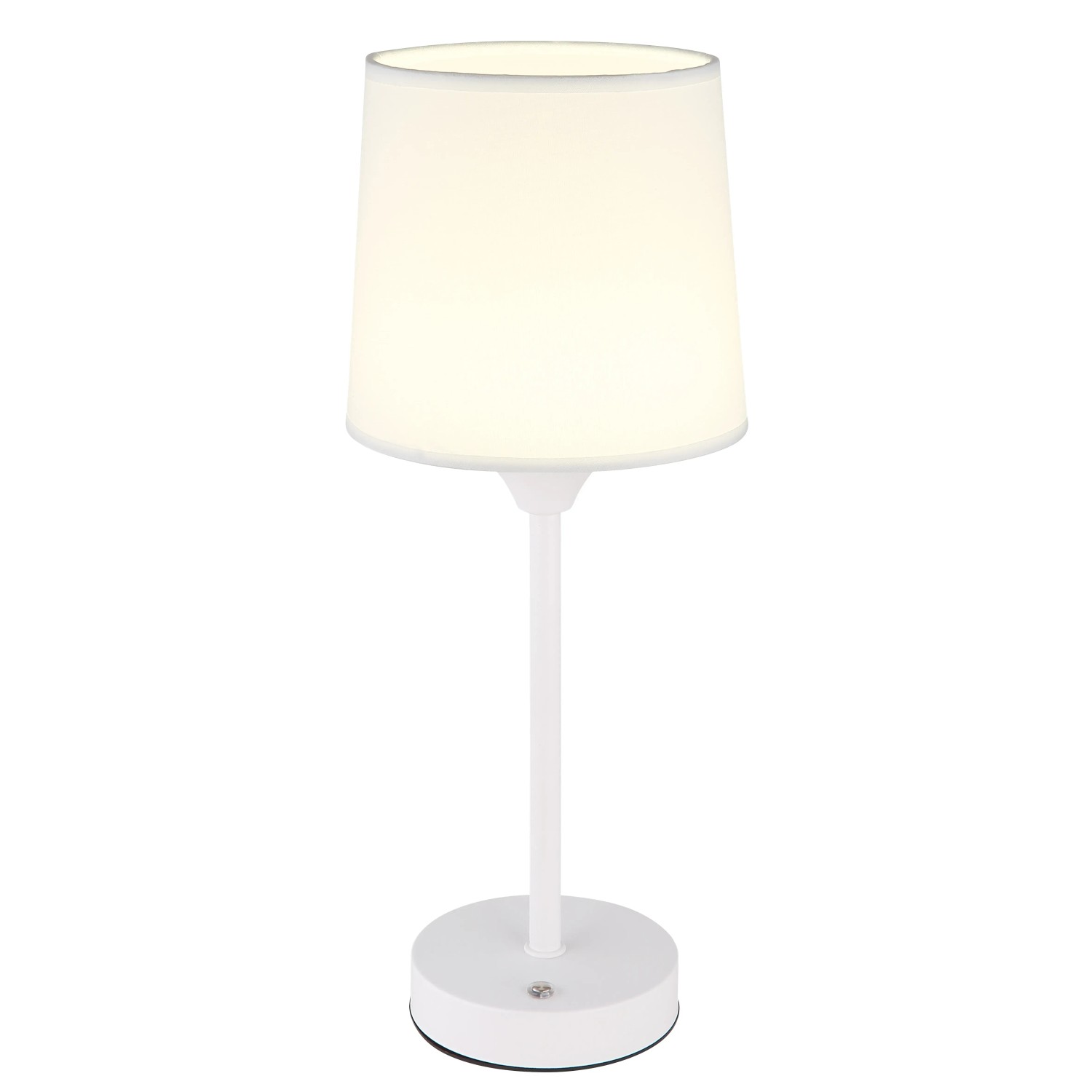 Weiße Globo LED-Tischleuchte Lunki mit Textilschirm, Metallfuß und Touchdimmer.