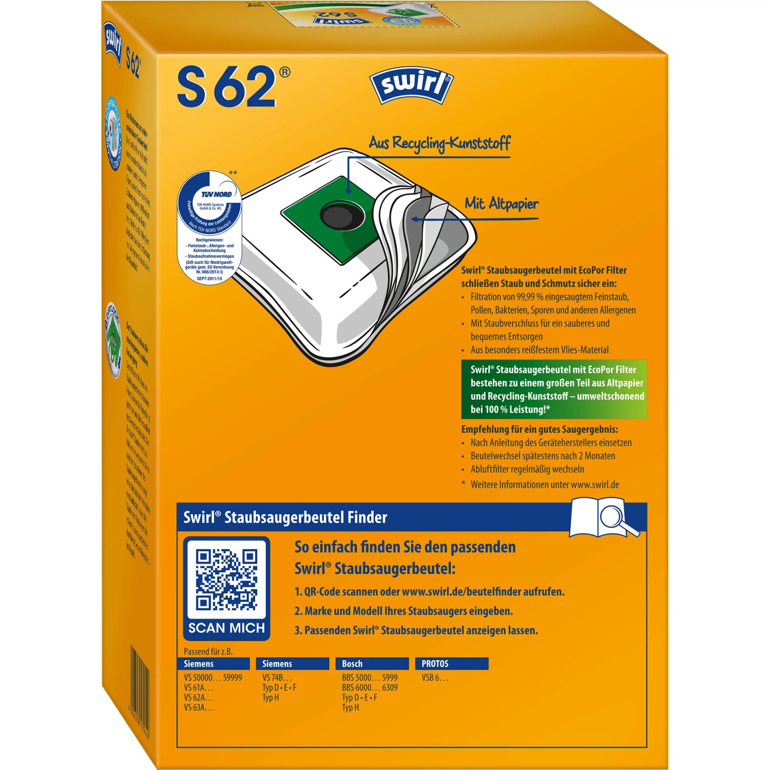 Swirl S 62 EcoPor Staubsaugerbeutel, 4 Stück. Staubbeutel für Staubsauger und Zubehör.