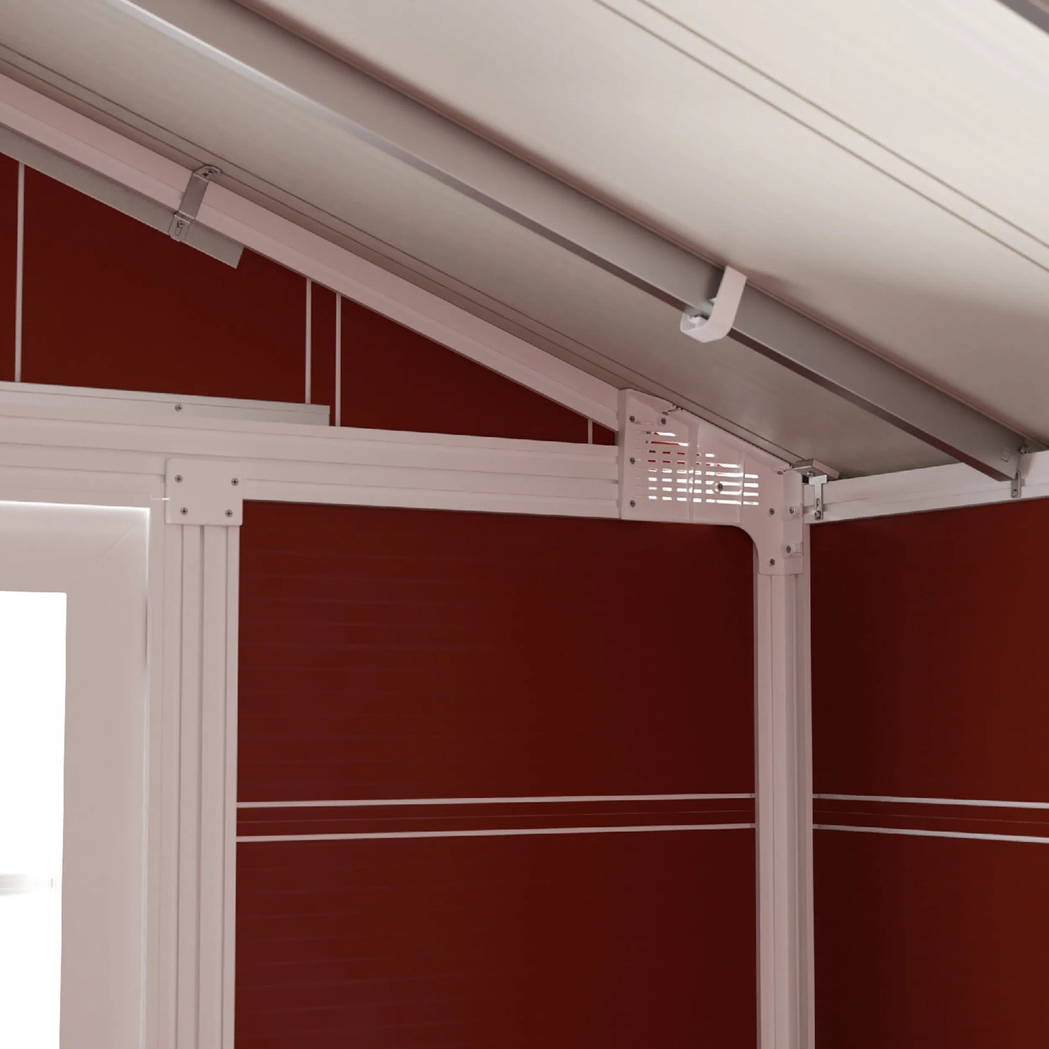 Detailansicht: Rotes Grosfillex Kunststoff-Gartenhaus Deco H 7.5 mit weißem Rahmen.