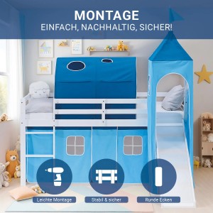 Homestyle4u Kinder Hochbett 90x200 Rutsche Vorhang Blau Kinderbett 2989