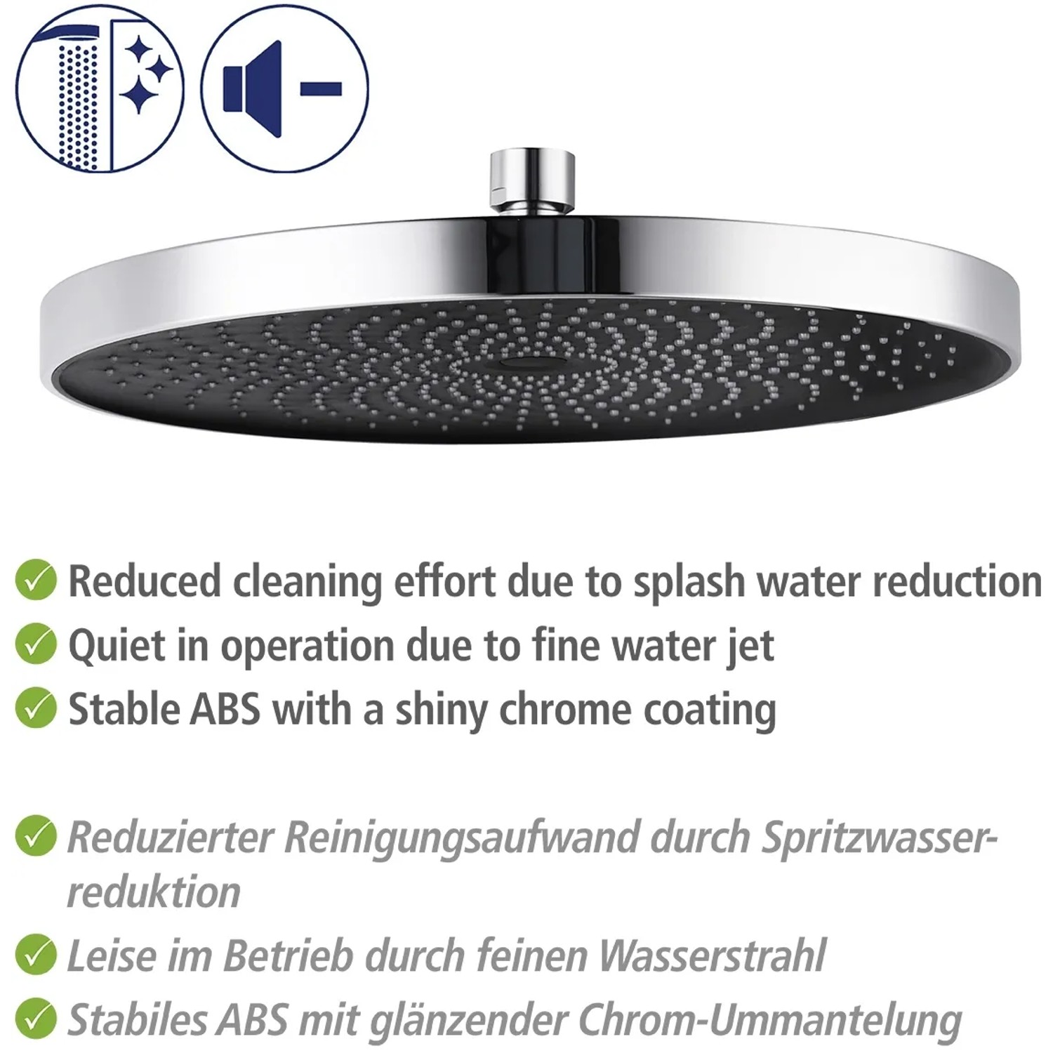 Wenko Kopfbrause Softwater, 26x26 cm, Chrom-Schwarz. Regendusche aus ABS-Kunststoff mit leisem Betrieb.