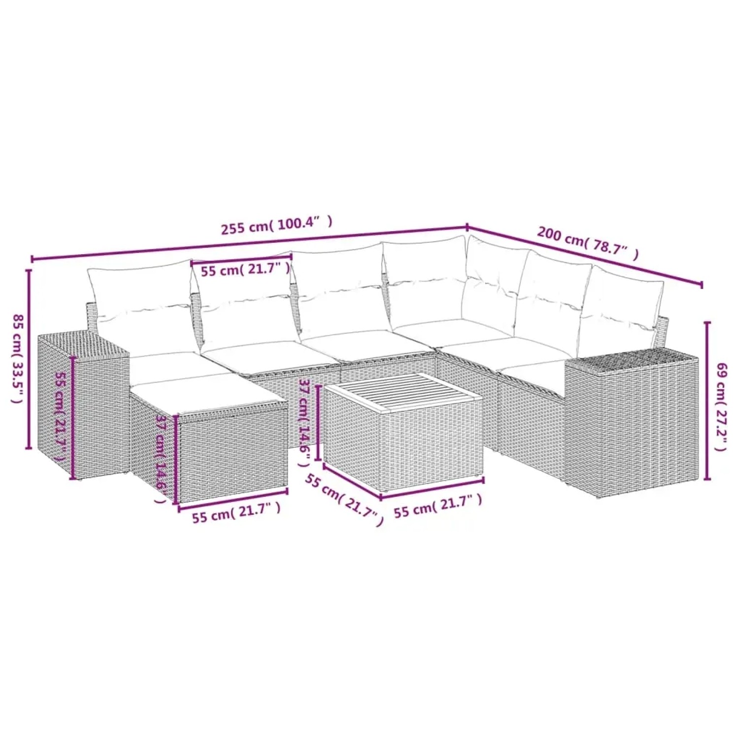 Schwarze 8-tlg. vidaXL Garten-Sofagarnitur aus Rattan mit cremeweißen Kissen und Maßen.