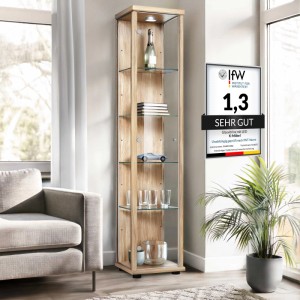 Stehende Glasvitrine in Buche mit LED-Beleuchtung und 4 Glasböden, Made in Germany.