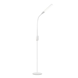 Weiße, moderne LED-Stehlampe mit flexiblem Schwanenhals und dimmbarem Licht für Wohnzimmer und Büro.