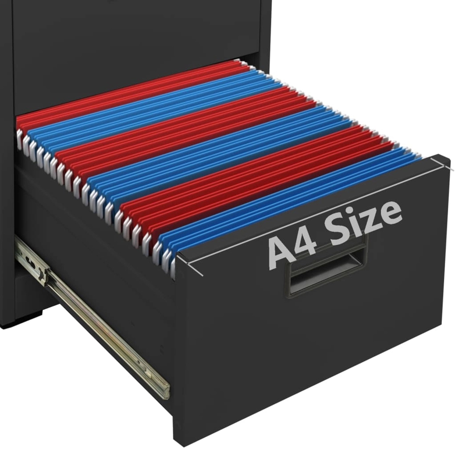 Geöffneter anthrazitfarbener Aktenschrank aus Stahl mit A4-Akten.