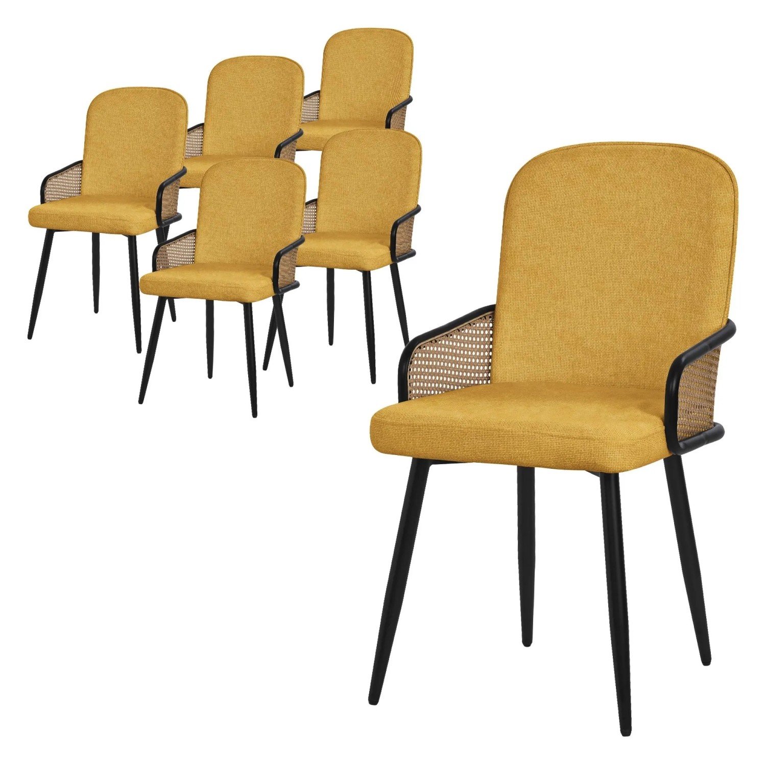 ML-Design Esszimmerstühle 6Er Set Senf mit Stoffbezug Rattan-Optik