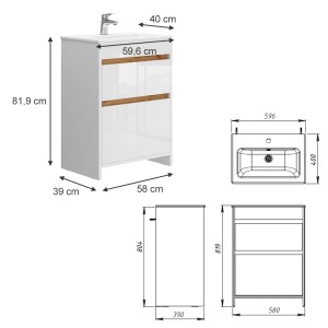 Vicco Badmöbel-Set Detmold, weiß, 2-teilig, Unterschrank 60 cm, mit Maßen.