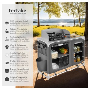 Tectake Campingküche mit Alugestell, 4 Fächern und Tragetasche, grau. Ideal für Camping & Outdoor.