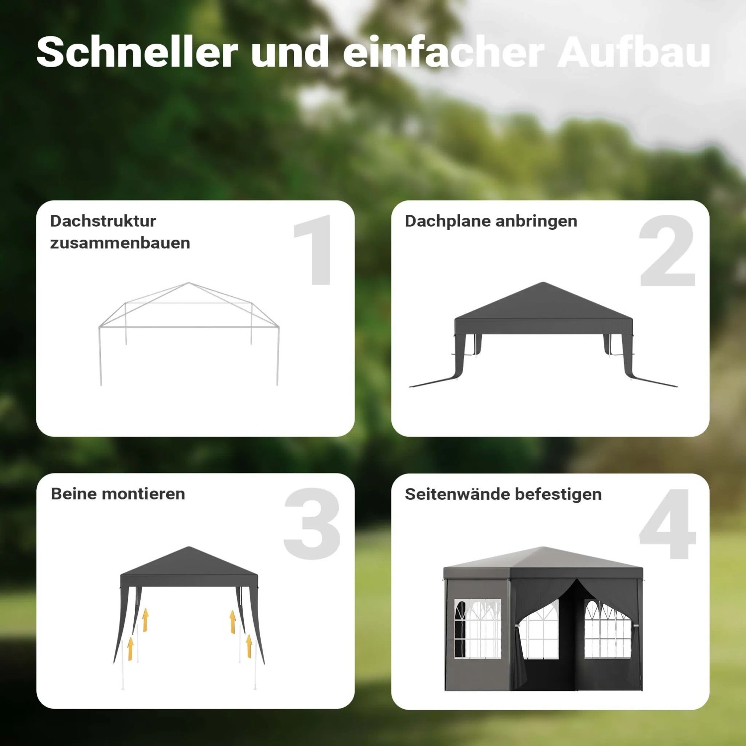 Schneller Aufbau: Grauer 3x3m Toboli Pavillon mit Dach, Beinen und Seitenwänden mit Fenstern in 4 Schritten.