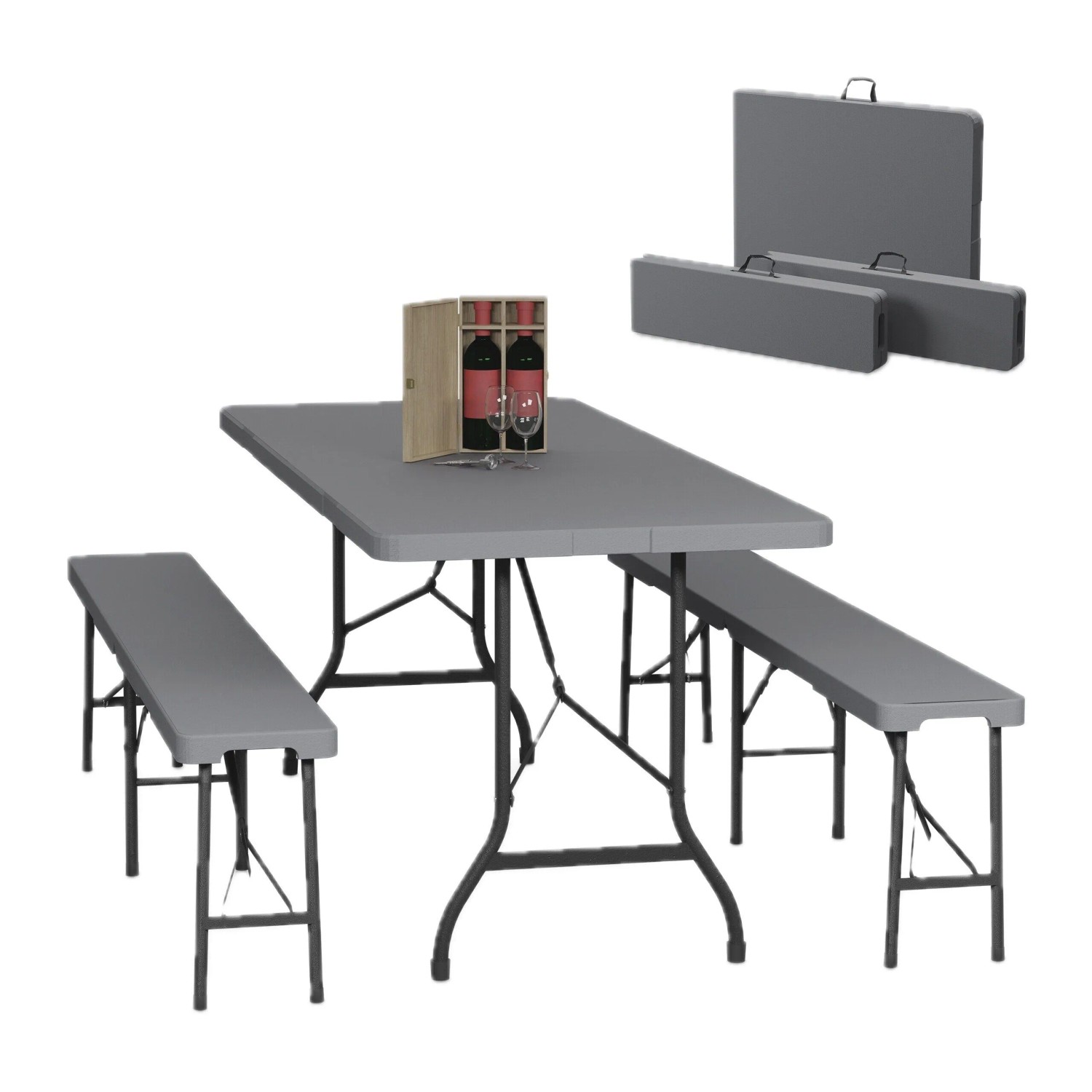 Relaxdays Bierzeltgarnitur mit 2 Bänken Stahl Grau Klappbar 180 cm x 74 cm x 73 cm 26,9 kg