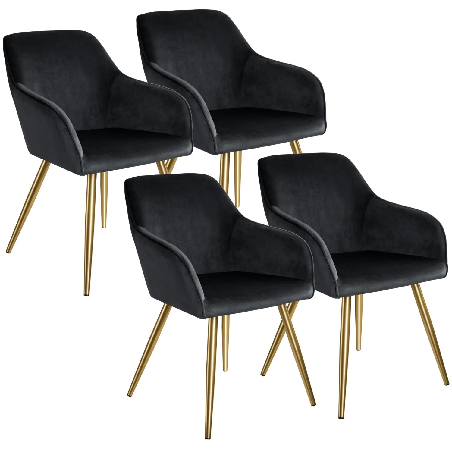 Tectake Esszimmerstuhl Marilyn Gepolstert  In Samtoptik Durchgehende Lehne 4Er Set 62 x 58 x 82 cm Schwarz Gold