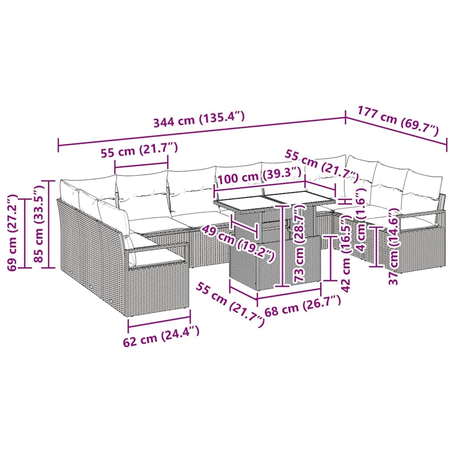 vidaXL Gartenmöbel-Set, 11-teilig, braunes Rattan, mit Tisch und Maßen. Ideal für Terrasse und Garten.
