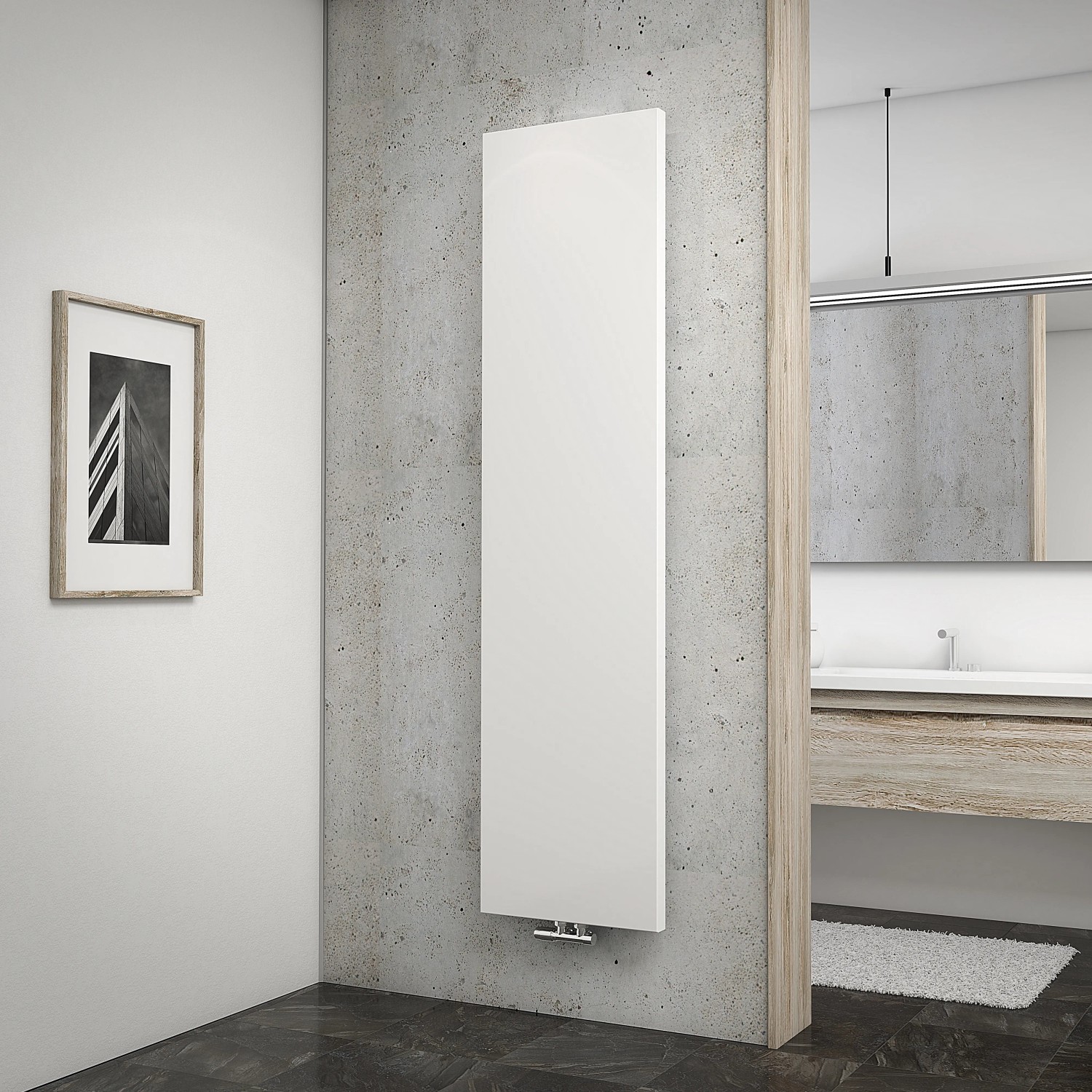 Schulter Design-Heizkörper New York, weiß, 180,6x45,6 cm, im modernen Badezimmer.
