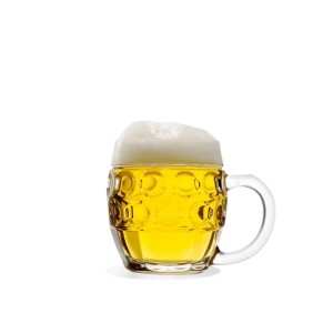 Klarer Glas-Bierseidel Tübinger mit 0,3 Liter Fassungsvermögen, gefüllt mit goldenem Bier und Schaum. Teil eines Geschirr-Sets.