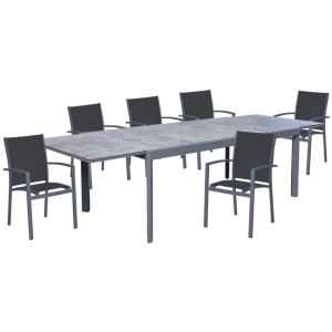 7-teilige Tischgruppe Nerea mit Ausziehtisch und 6 Stühlen in Grau.