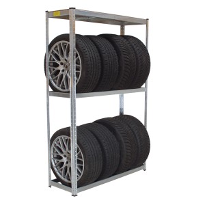 TRUTZHOLM Reifenregal mit 8 Reifen. Silbernes Metallregal zur Reifenlagerung in Garage oder Keller.