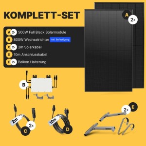 Solakon Balkonkraftwerk 1000W Solaranlage mit Balkonhalterung Steckerfertig Komplettset Photovoltaik 800W Kabellänge 10m