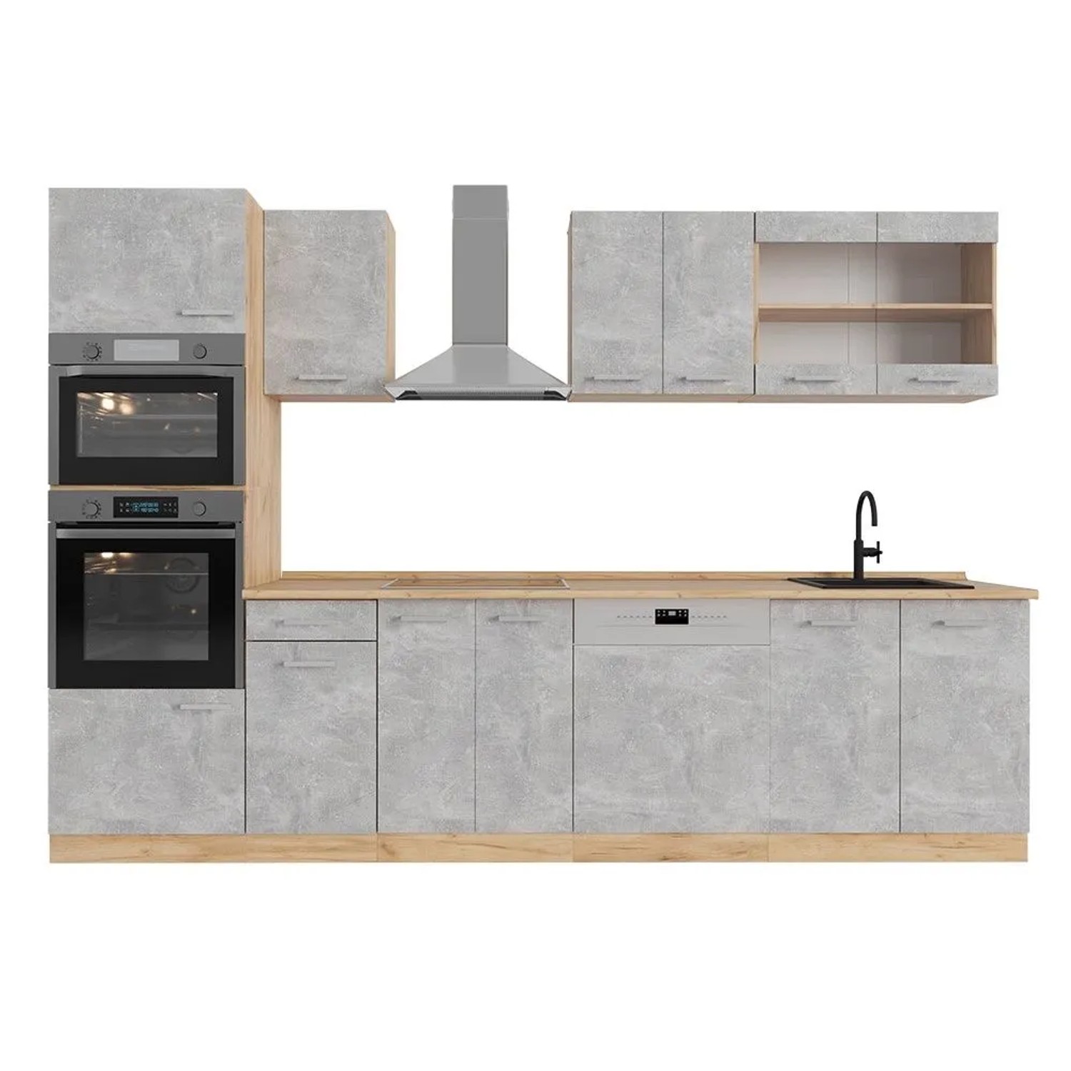 Vicco R-Line Küchenzeile Beton Goldkraft Eiche 300 cm mit HochschrankAP Eiche ohne E-Geräte