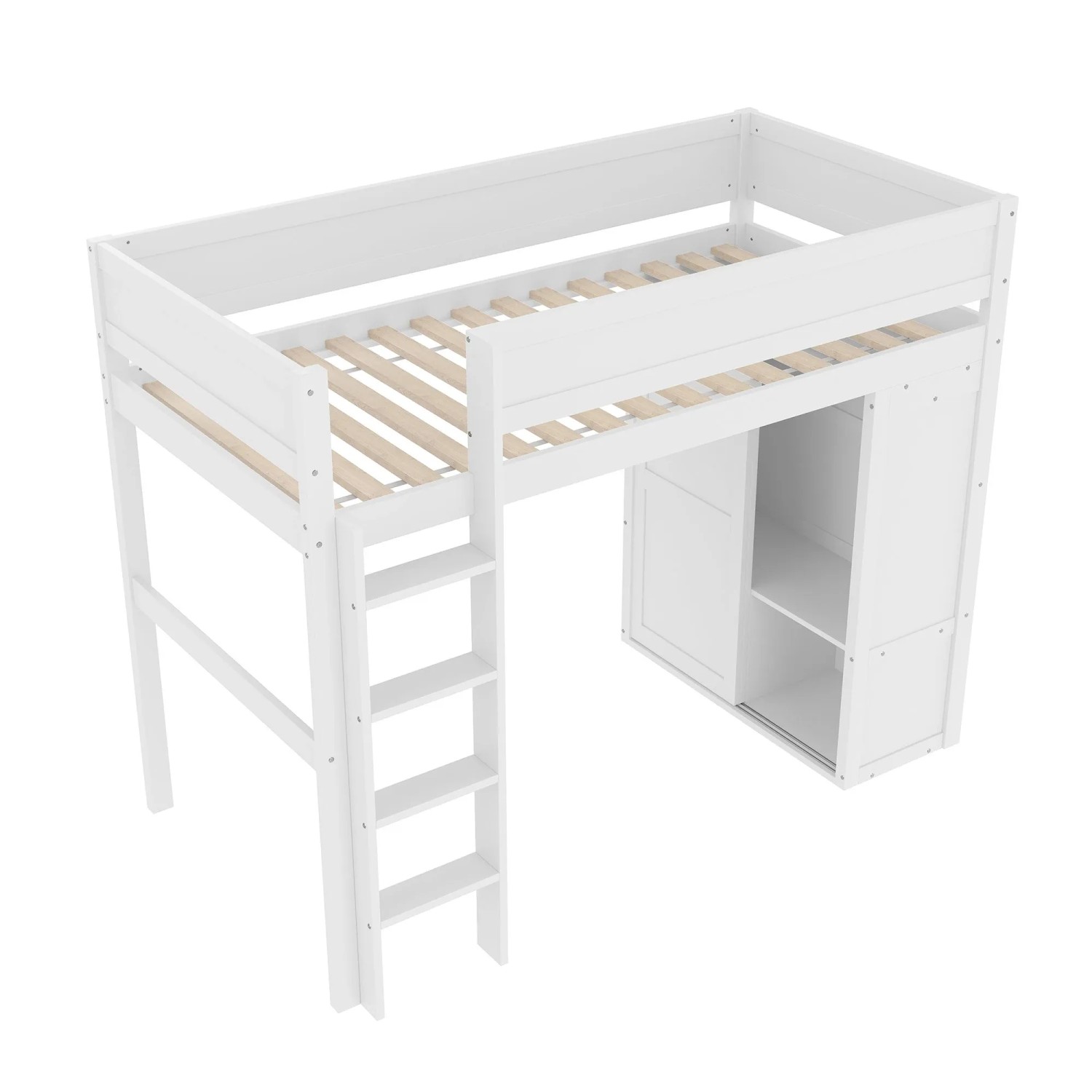 KOMHTOM Hochbett 90x200Cm Vielseitiges Kinderbett Ausgestattet Mit Kleiderschrank Staufach Kiefernholz Weiß Ohne Matratze
