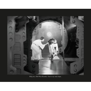 Disney Star Wars Fototapete: Leia & R2D2 in Schwarz-Weiß, 50x40cm. Wanddeko für Star Wars Fans.