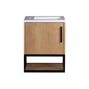 Hängender Waschbeckenunterschrank Lopena in hellem Holz und Weiß, mit schwarzem Griff und offener Nische. Industrial.