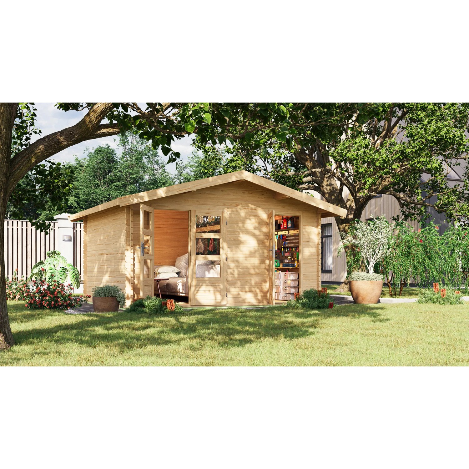 Karibu Holz-Gartenhaus Normes mit Satteldach, unbehandelt, im Garten. Geräumiges Gartenhaus mit Doppeltür.