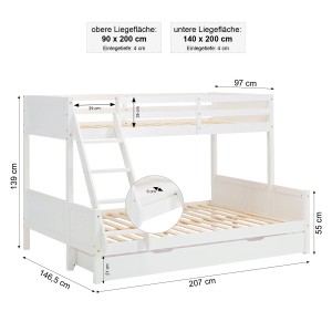 Homestyle4u Etagenbett mit 2 Matratzen und Bettkasten 90x200 und 140x200 in Weiß 2724