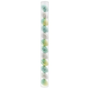 Box mit 12 Deko-Eiern in Weiß und Mint für Ostern, verschiedene Designs in transparenter Röhre.