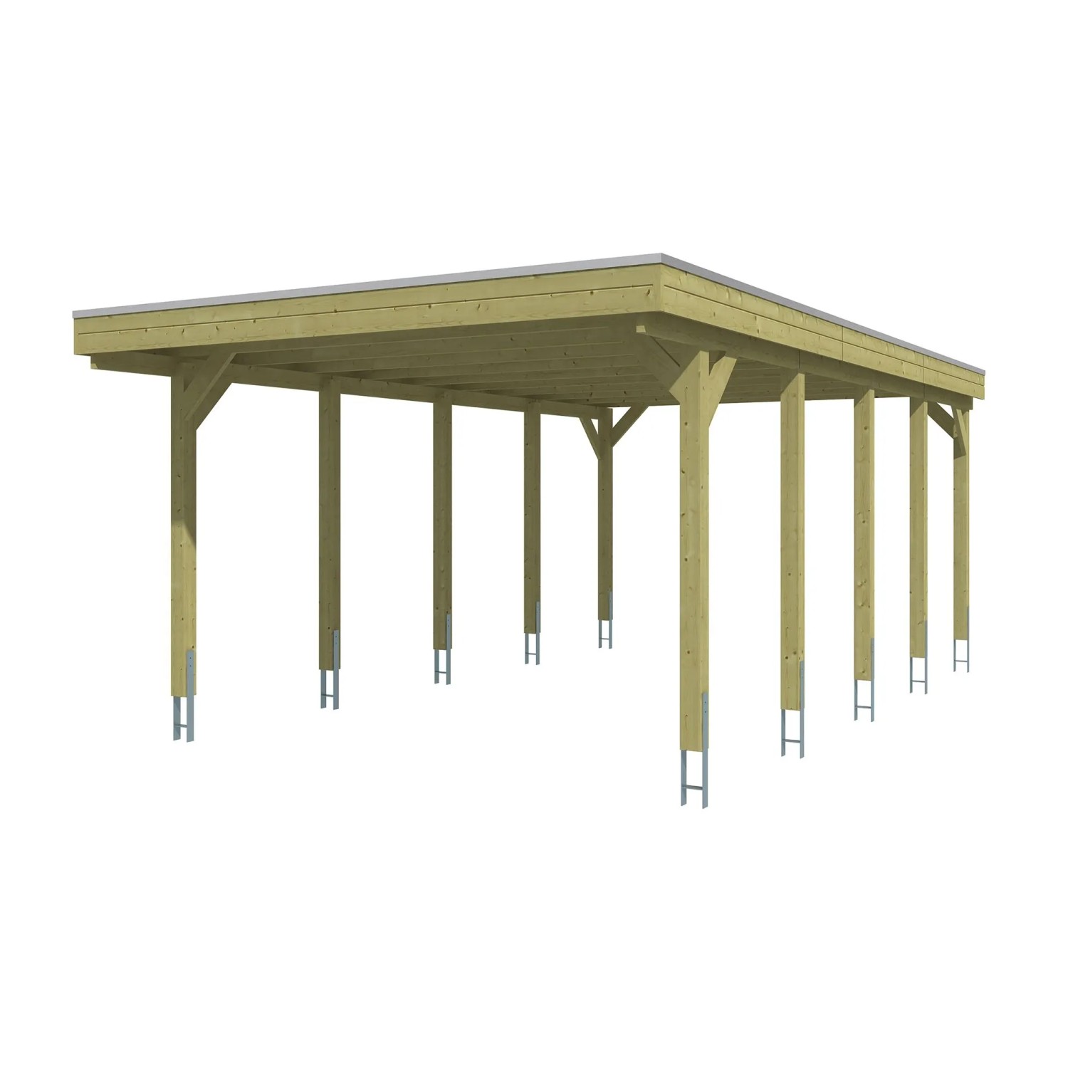 Skan Holz Carport Friesland aus grün imprägniertem Nadelholz mit Flachdach und Stahl-Dachplatten.