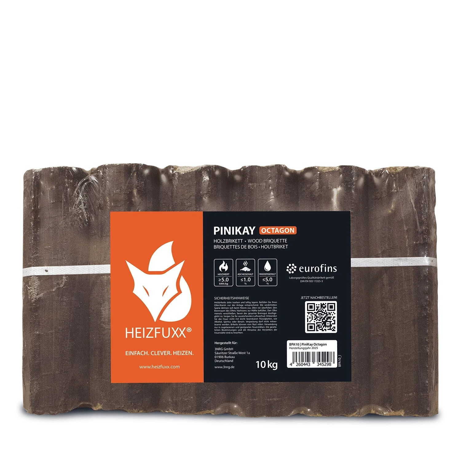 Heizfuxx Pinikay Octagon Holzbriketts, 10kg Packung. Achteckige Hartholzbriketts für Kaminöfen.