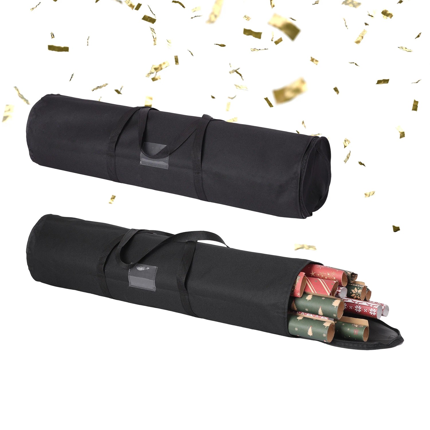 Relaxdays Geschenkpapier Aufbewahrung 2er Set Polyester Schwarz Mit Etikettenfach Reißverschluss 79 cm x 22 cm 0,55 kg