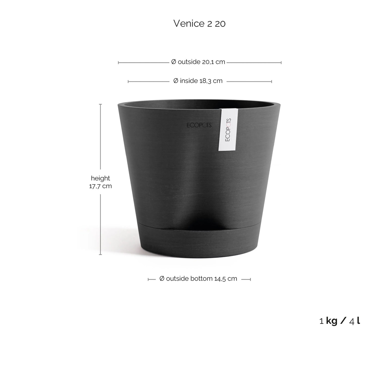 Ecopots Pflanztopf Venice 2, dunkelgrau, 20 cm, mit Untersetzer. Ideal für Innen- und Außenbereich.