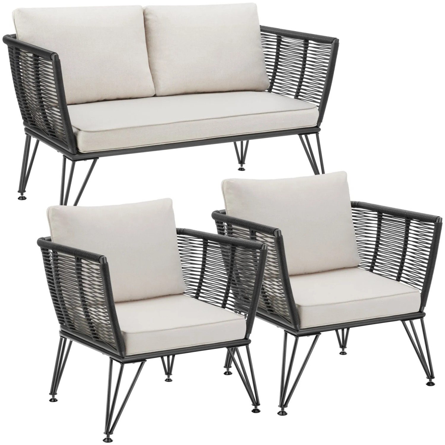 Tectake Garten Loungeset Sundo Polyrattan Im Rope Design 8 cm Dicke Sitzpolster  67 x 131 x 71 cm Anthrazit