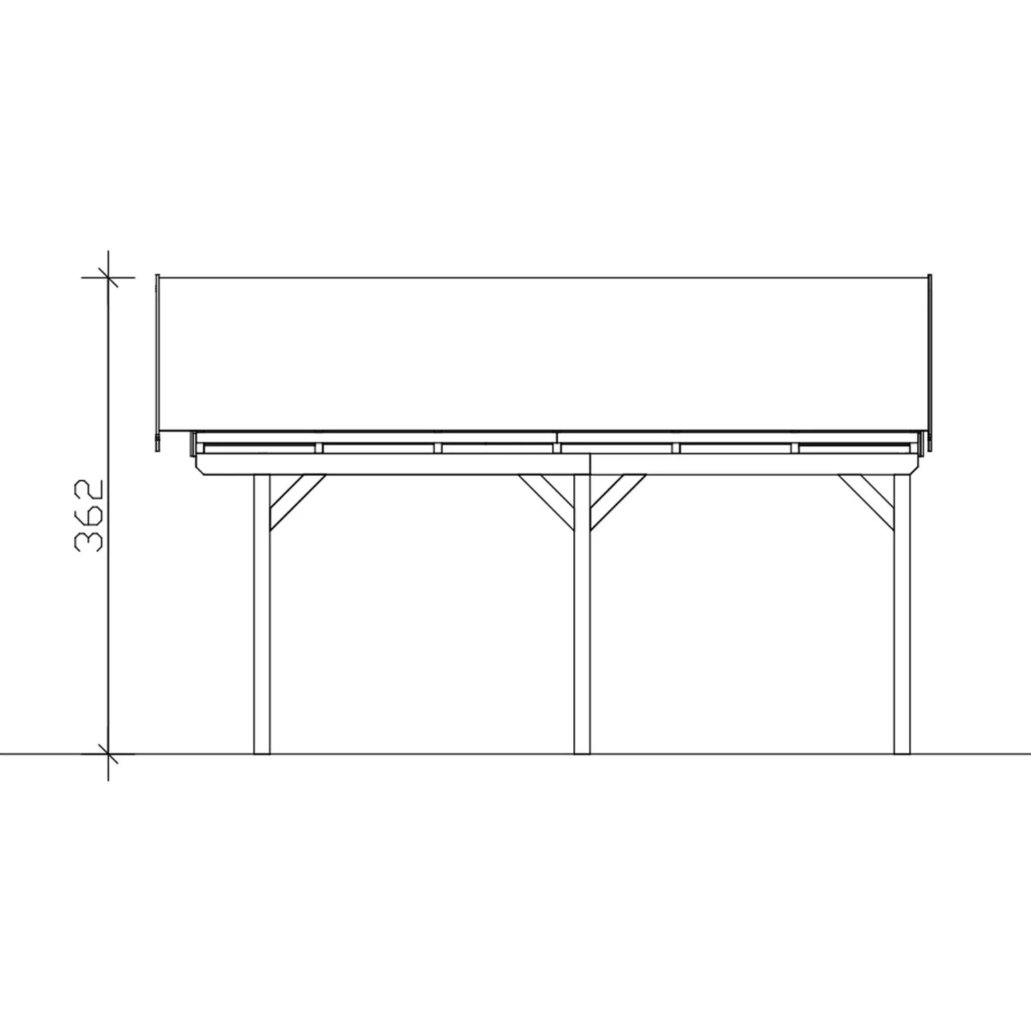 Skizze: Skan Holz Carport Fichtelberg, 618x566 cm, Eiche Hell, mit Maßangabe Höhe.