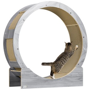 Graues PawHut Katzenlaufrad mit Katze beim Laufen. Agility- und Trainingsgerät.