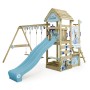 Wickey Spielturm Disney Adventure mit Rutsche, Schaukel und Kletterwand in Pastellblau.